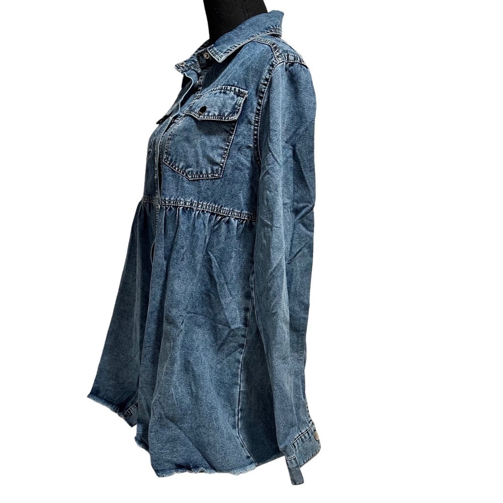 Women’s Denim Coat Elegant Button-Up Lapel Design Raw Hem Long Sleeve Loose Fit - Picture 8 of 16